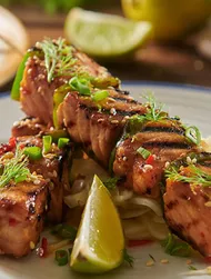 Asiatiske spyd med laks og peberfrugt
