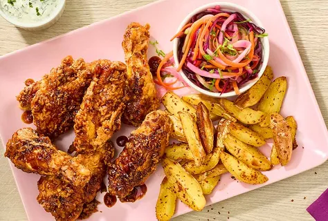 Teriyaki wings, coleslaw og krydderkartofler