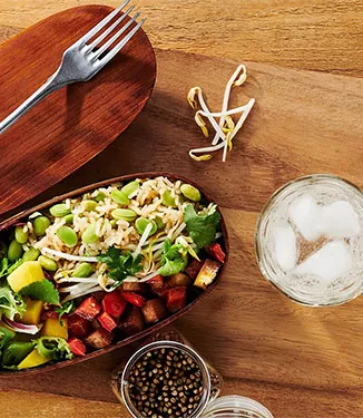 Bentoboks med ris, edamamebønner og røget tofu