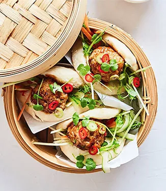 Dampede boller med Teriyaki kødboller